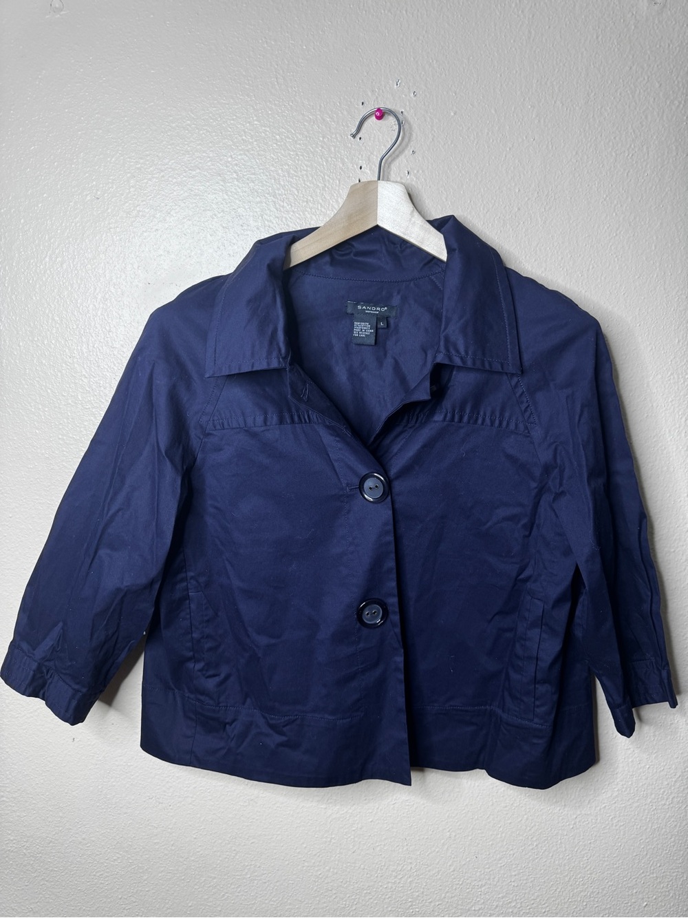 Sandro Sportswear Women’s L Navy Blue Cotton Stretch Cropped Jacket 3/4 Sleeve